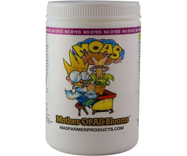 White plastic tub of MOAB plant supplement featuring a cartoon scientist and an exploding flower graphic.