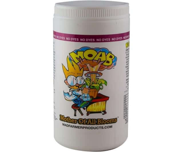 White canister of MOAB plant fertilizer with a cartoon scientist logo and text reading "NO DYES" on a purple stripe.