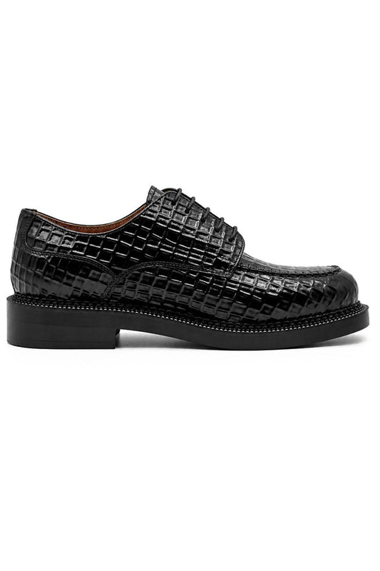 MARLOW Men’s Black Croc-Embossed Leather Moc-Toe Derby Shoes