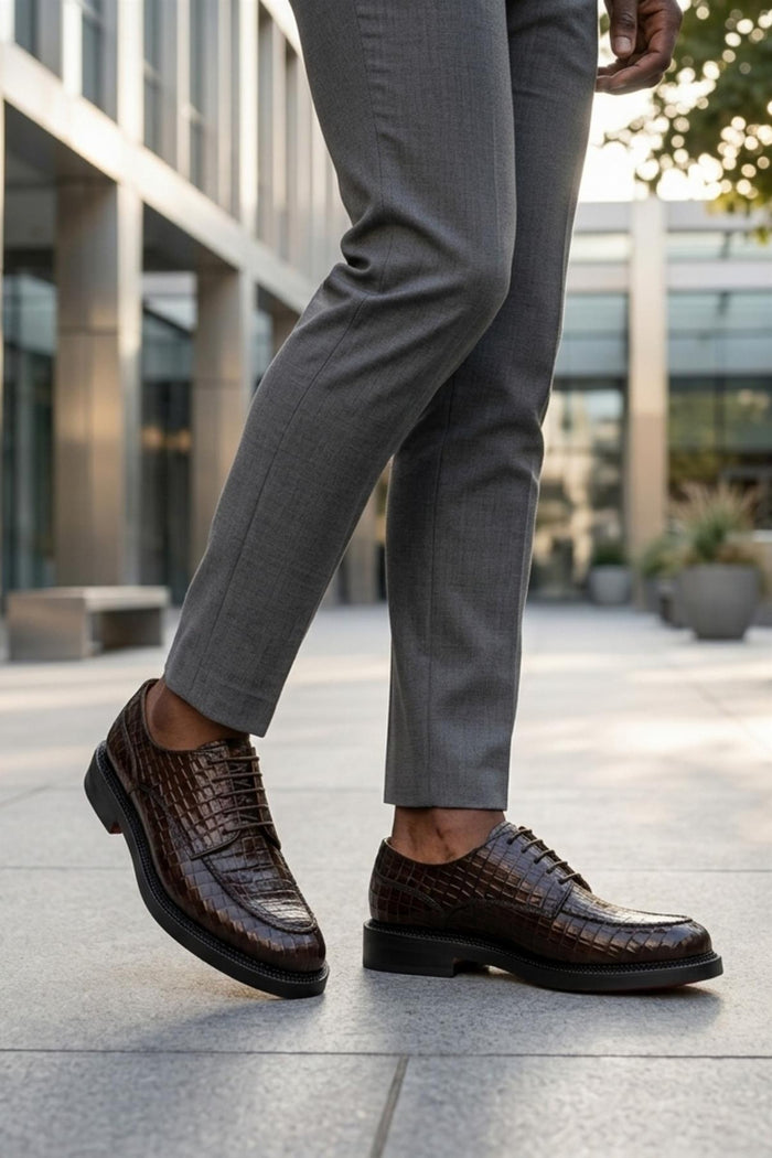MARLOW Men’s Dark Brown Croc-Embossed Leather Moc-Toe Derby Shoes
