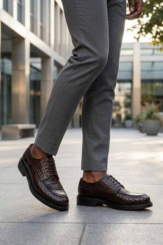 MARLOW Men’s Dark Brown Croc-Embossed Leather Moc-Toe Derby Shoes