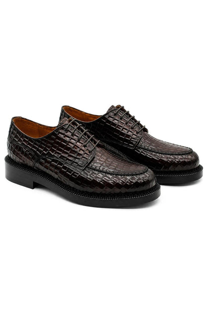 MARLOW Men’s Dark Brown Croc-Embossed Leather Moc-Toe Derby Shoes
