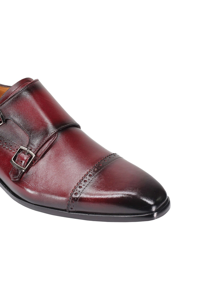 MAROON CALF LEATHER SEMI BROGUE MONK SHOES