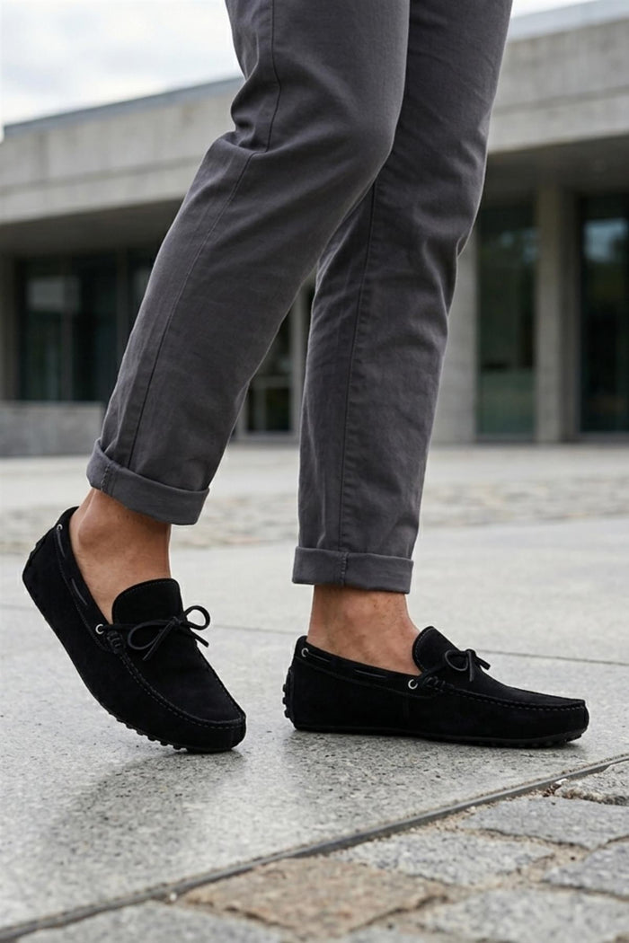 MAT Men's Real Suede Slip-On Loafers - Black Driving Shoes
