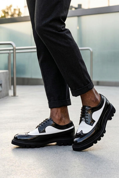 Men's 2 Tone Patent Brogues - Black & White Chunky Derby Shoes