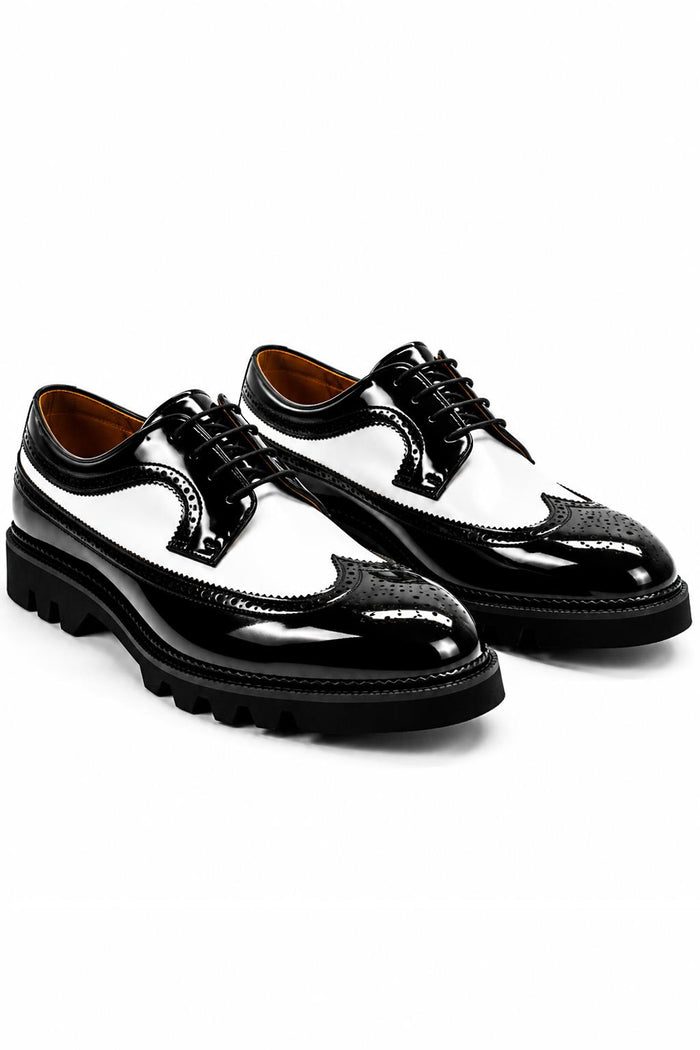 Men's 2 Tone Patent Brogues - Black & White Chunky Derby Shoes