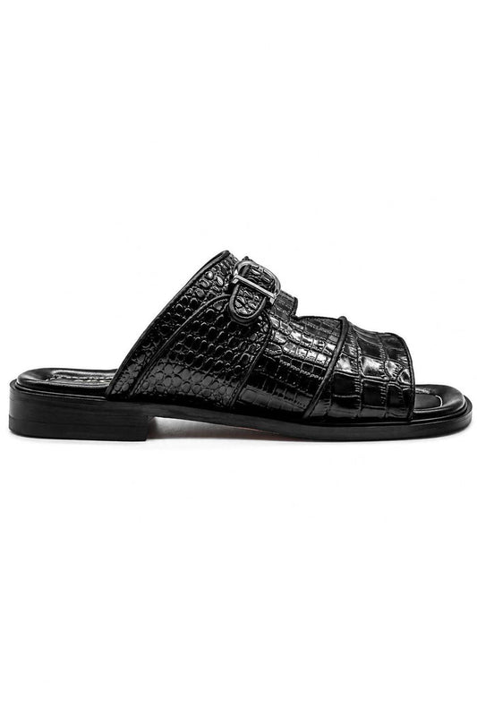 Men’s Ade 2 Black Handmade Real Leather Embossed Sandals