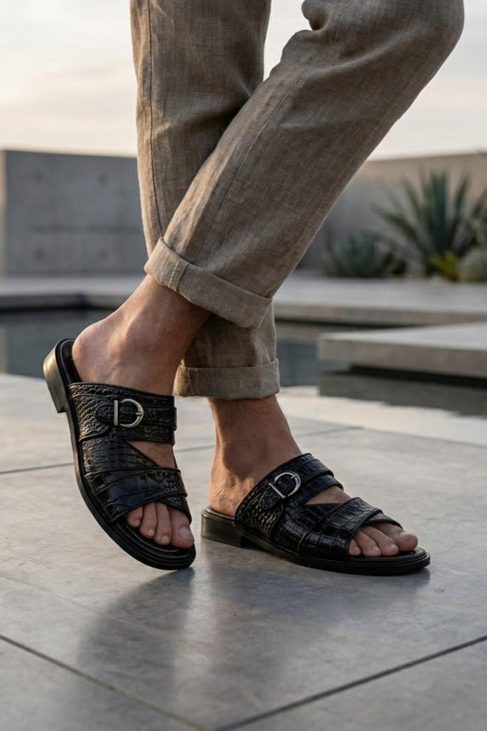 Men’s Ade 2 Black Handmade Real Leather Embossed Sandals