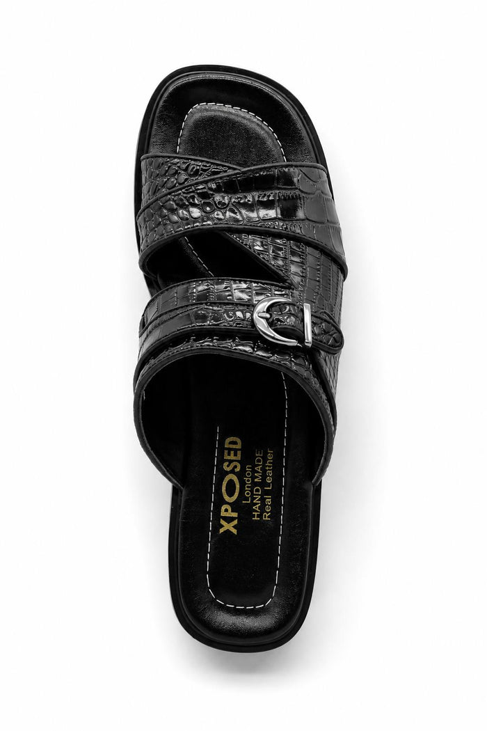 Men’s Ade 2 Black Handmade Real Leather Embossed Sandals