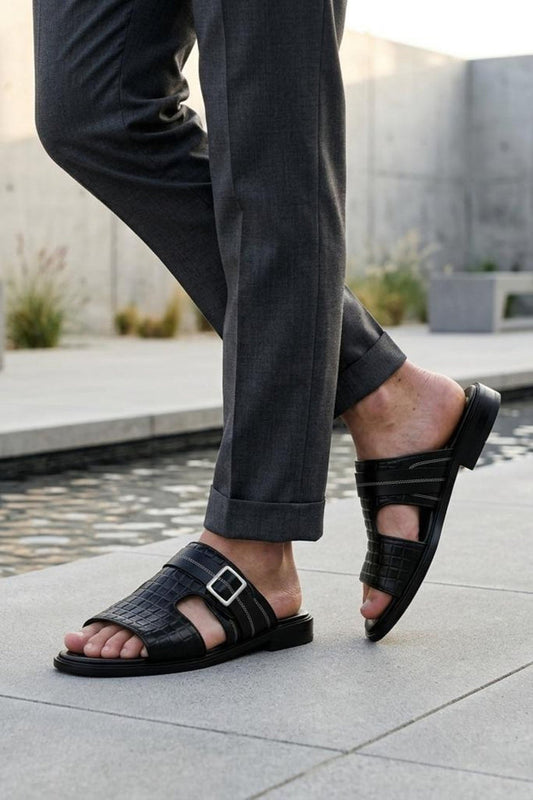 Men's Ade Black Handmade Real Leather Open-Toe Sandals