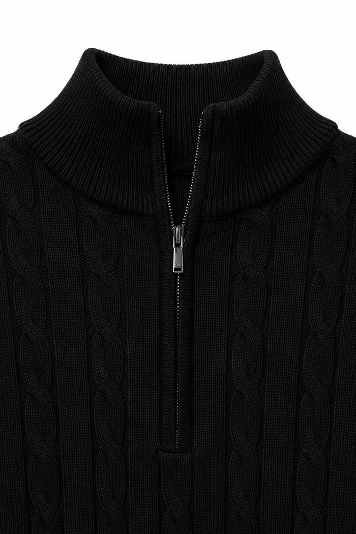 Men's Black 100% Cotton Fine Cable Knit Quarter Zip Neck Jumper