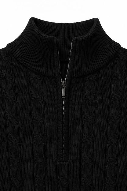 Men's Black 100% Cotton Fine Cable Knit Quarter Zip Neck Jumper