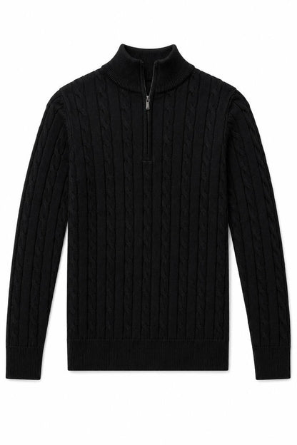 Men's Black 100% Cotton Fine Cable Knit Quarter Zip Neck Jumper