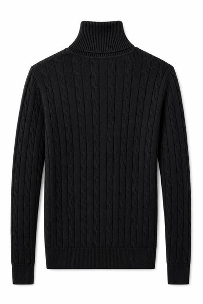 Men's Black 100% Cotton Fine Cable Knit Roll Neck Jumper