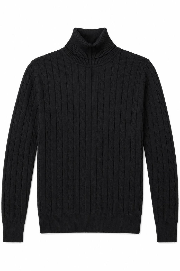 Men's Black 100% Cotton Fine Cable Knit Roll Neck Jumper