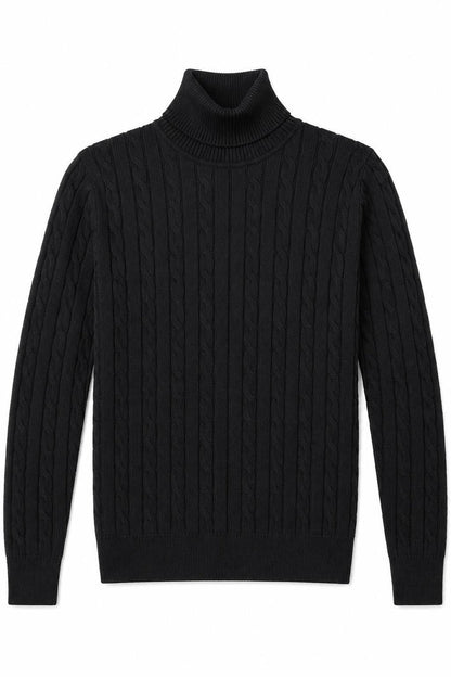 Men's Black 100% Cotton Fine Cable Knit Roll Neck Jumper