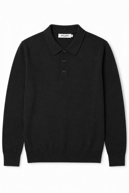 Men's Black 100% Cotton Fine Knit Button Neck Polo Jumper