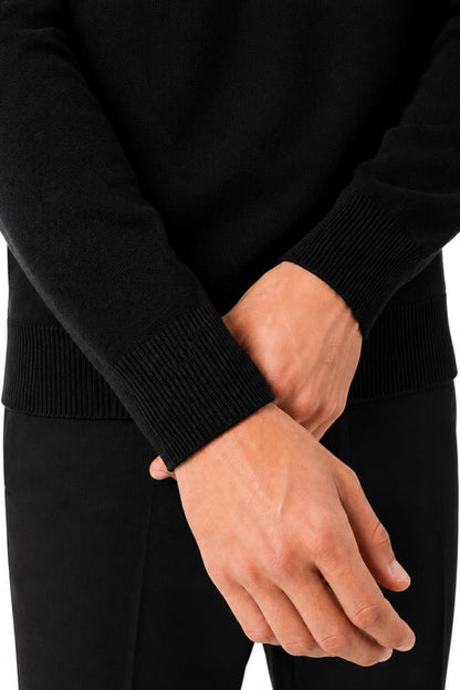 Men's Black 100% Cotton Fine Knit Button Neck Polo Jumper