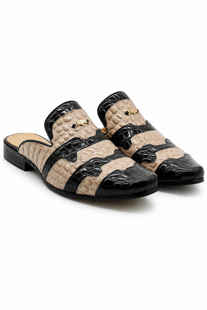 Men’s Black & Beige Shiny Patent Print Half Shoes