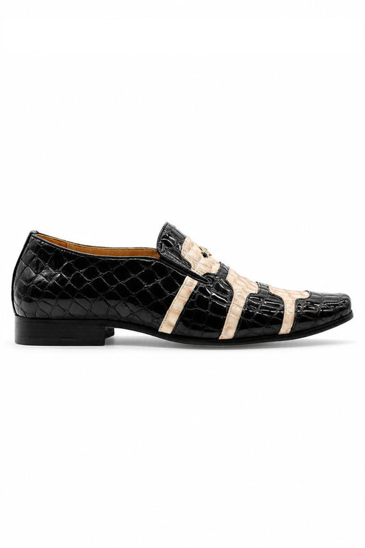 Men’s Black & Beige Shiny Patent Print Occasion Shoes