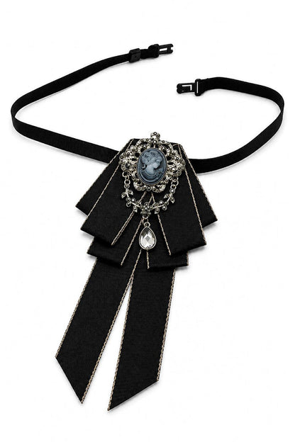 Men’s Black Cameo Jewelled Short Ribbon Brooch Bow Tie