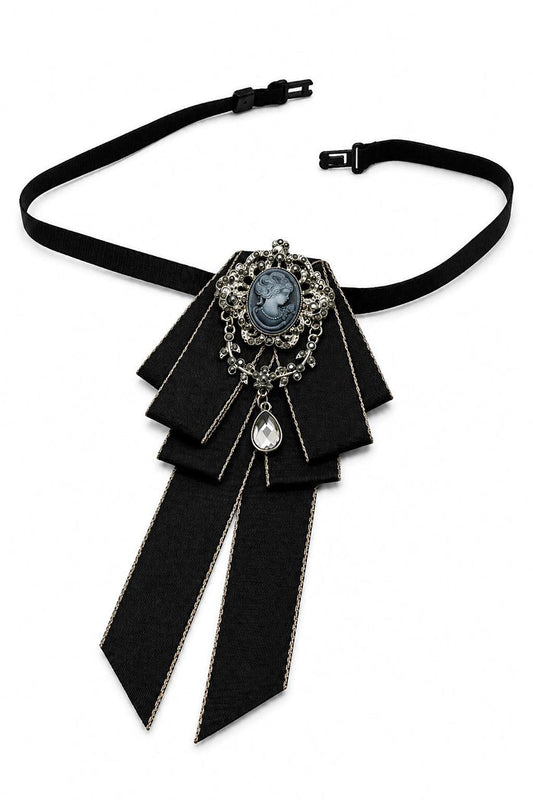 Men’s Black Cameo Jewelled Short Ribbon Brooch Bow Tie