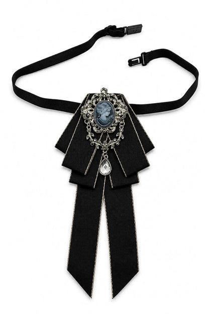 Men’s Black Cameo Jewelled Short Ribbon Brooch Bow Tie