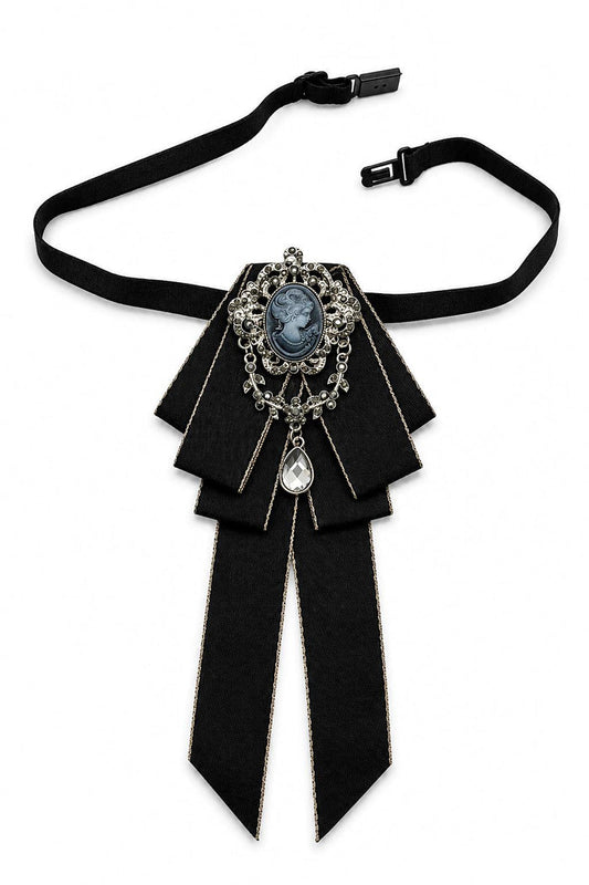 Men’s Black Cameo Jewelled Short Ribbon Brooch Bow Tie