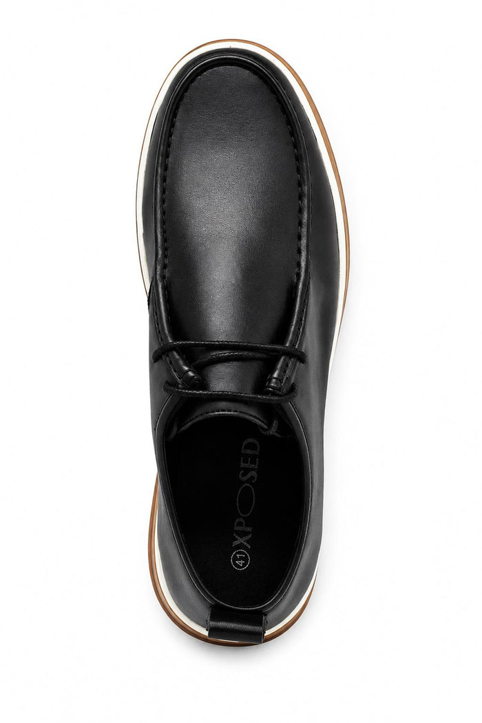 Men's Black Faux Leather Apron Toe Moc-Toe Chukka Boots