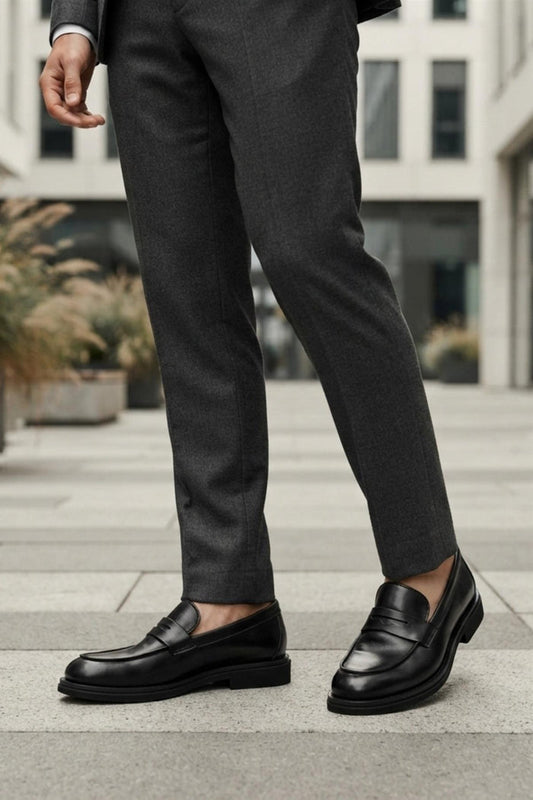 Men's Black Faux Leather Penny Strap Loafers