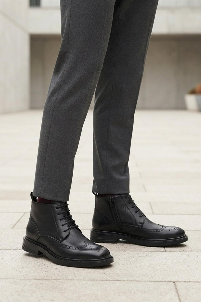 Men's Black Faux Leather Wingtip Brogue Boots
