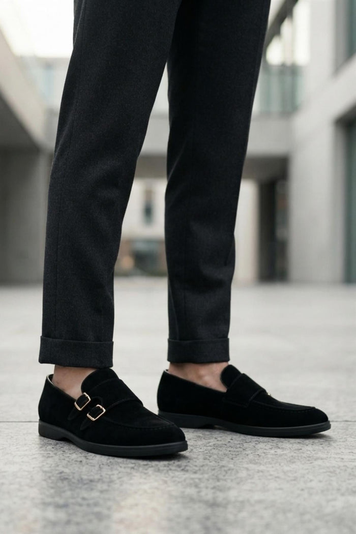 Men's Black Faux Suede Double Monk Strap Loafers