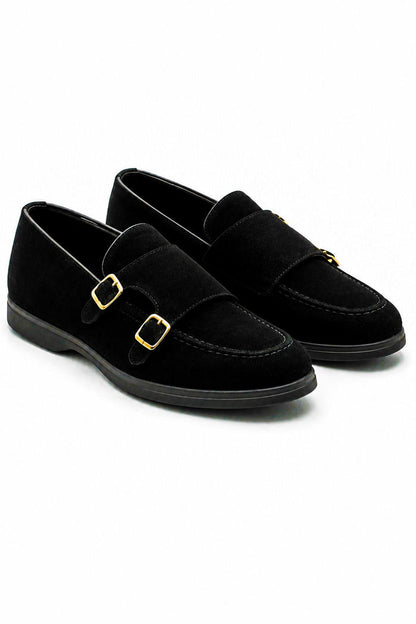 Men's Black Faux Suede Double Monk Strap Loafers