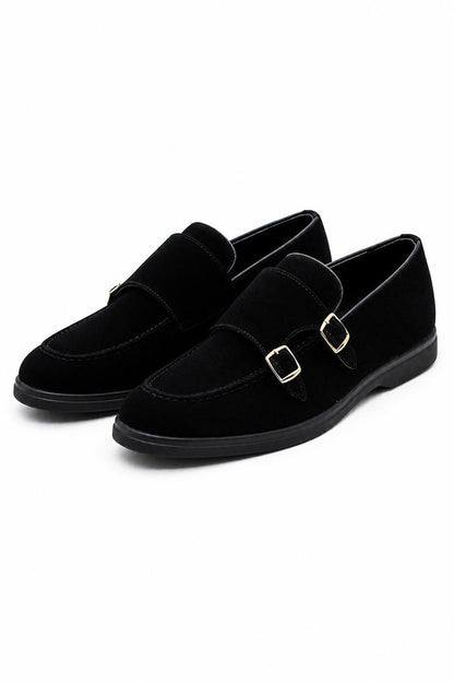 Men's Black Faux Suede Double Monk Strap Loafers