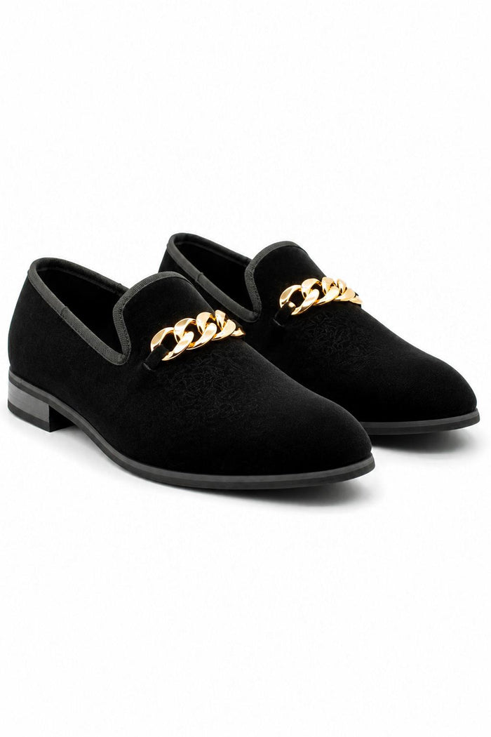 Men's Black Floral Velvet Gold Chain Wedding Loafers