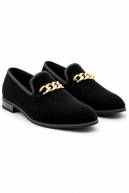 Men's Black Floral Velvet Gold Chain Wedding Loafers