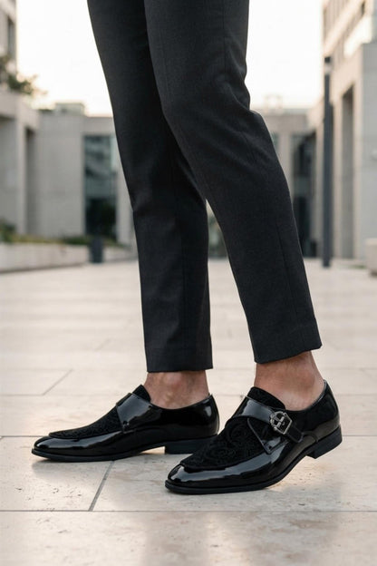 Men's Black Floral Velvet Monk Strap Dress Shoes