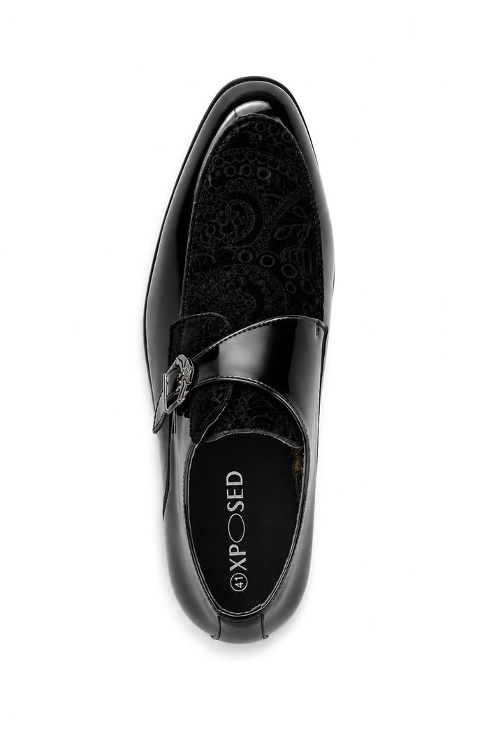 Men's Black Floral Velvet Monk Strap Dress Shoes