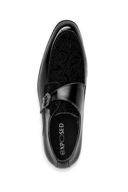 Men's Black Floral Velvet Monk Strap Dress Shoes