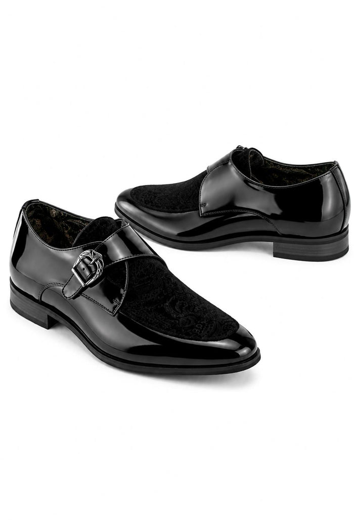 Men's Black Floral Velvet Monk Strap Dress Shoes