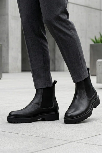 Men’s Black Grain Leather Chelsea Boots Lightweight Chunky Sole