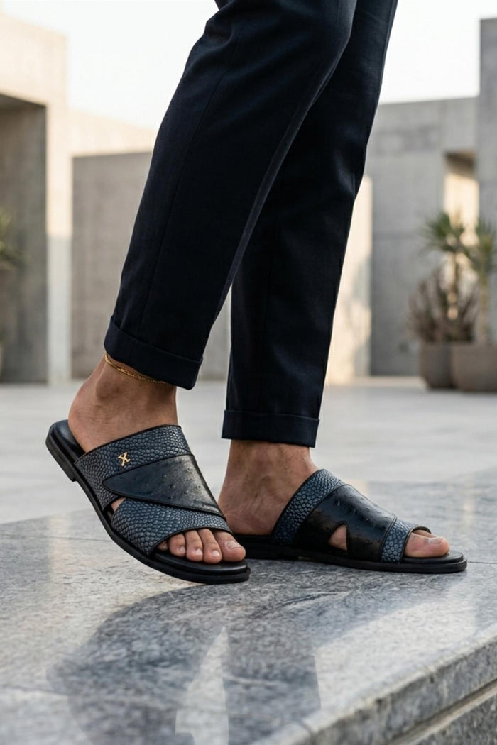Men's Black & Grey Handmade Real Leather Open Front Slide Sandals