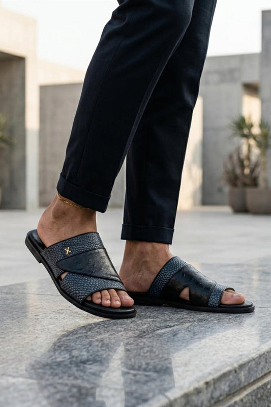 Men's Black & Grey Handmade Real Leather Open Front Slide Sandals