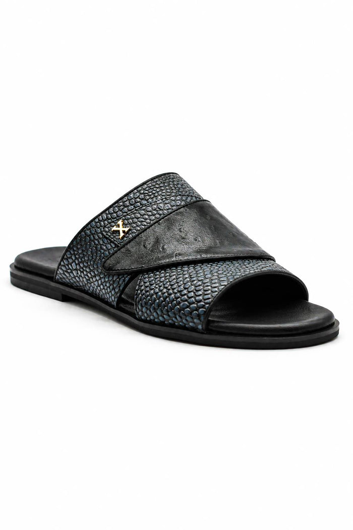 Men's Black & Grey Handmade Real Leather Open Front Slide Sandals