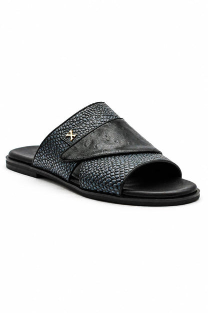 Men's Black & Grey Handmade Real Leather Open Front Slide Sandals