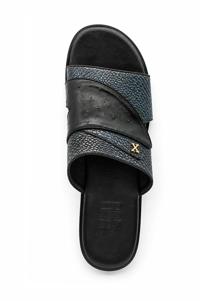 Men's Black & Grey Handmade Real Leather Open Front Slide Sandals