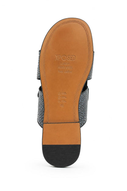 Men's Black & Grey Handmade Real Leather Open Front Slide Sandals