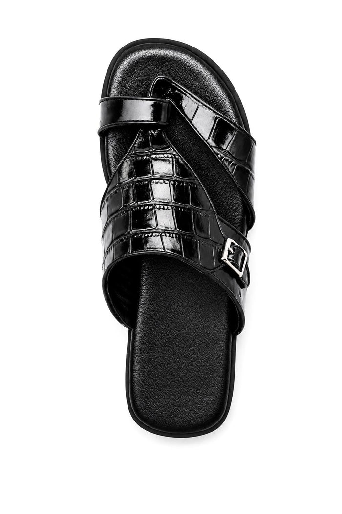 Men's Black Handmade Real Leather Croc-Effect Sandals