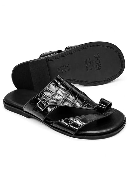Men's Black Handmade Real Leather Croc-Effect Sandals