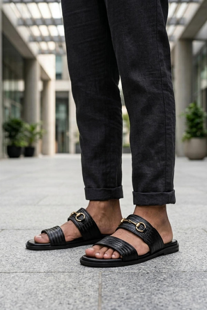 Men's Black Handmade Real Leather Snaffle Bit Open Toe Sandals